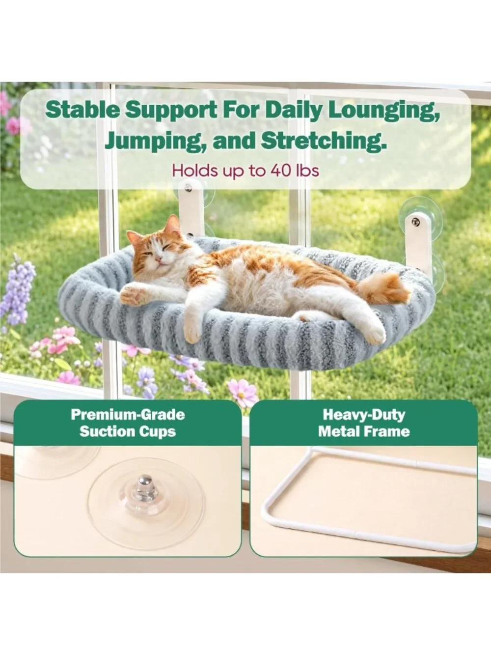 Cozy Foldable Cat Window Perch with Strong Suction Cups - Gray, Large Size